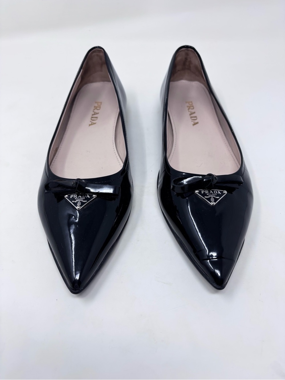 Prada Ballet Flat Bow Black Patent Leather Triangle Logo Pointed Toe size 38